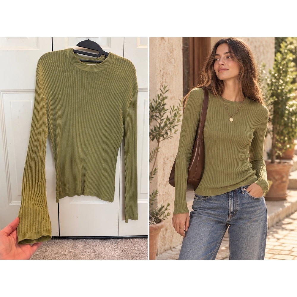 Vintage Olive 100% Silk Ribbed Long Sleeve Top 90S Minimalist Y2K Layering Prep